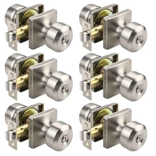 KNOBWELL Brushed Nickel Door Knob, Square Interior Door Knobs, Privacy Door Knob for Bedroom Bathroom, Stainless Steel Indoor Door Knobs, 6 Pack