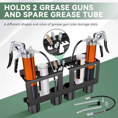 Grease Gun Holder,Grease Gun Rack Wall Mount Compatible with 2 Grease Guns,Grease Gun Storage with Removable Drip Cups &Spare Grease Tube Holder for Workshop, Garage