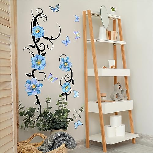 Blue Flower Vine Butterfly Wall Stickers, sacinora Floral Art Wall Decals Removable Vinyl Peel and Stick Wall Mural for Living Room Bedroom Nursery Children's Room Furniture Door Decorations