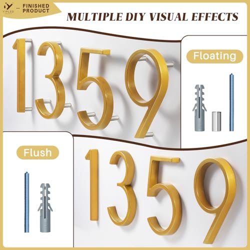 Number 1 House Numbers for Outside - 5 Inch Modern Metal Address Sign, Weather-Resistant Gold Finish