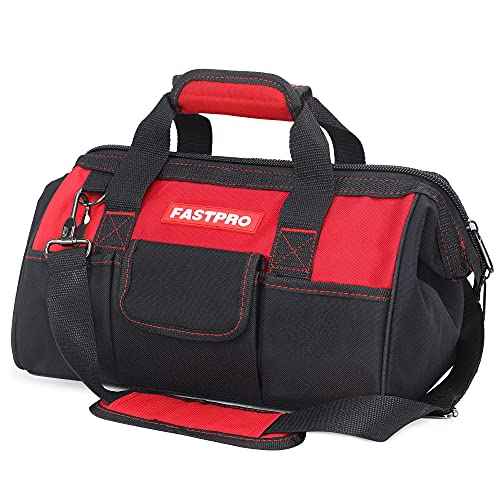 FASTPRO 14-Inch Zip-top Wide Mouth Open Storage Tool Bag, Classic Black&Red Design, Fashionable Design, 600D Polyester Fabric Material for Quality Endurance, With Adjustable Shoulder Strap