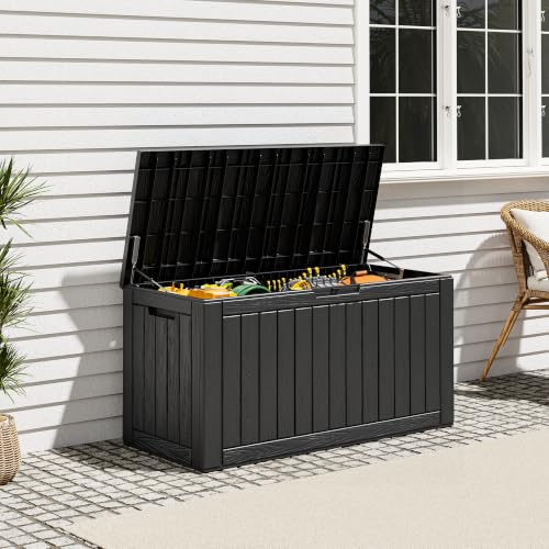 NBYSGO Striped Black Waterproof 120 Gallon Resin Deck Storage Box with Seat