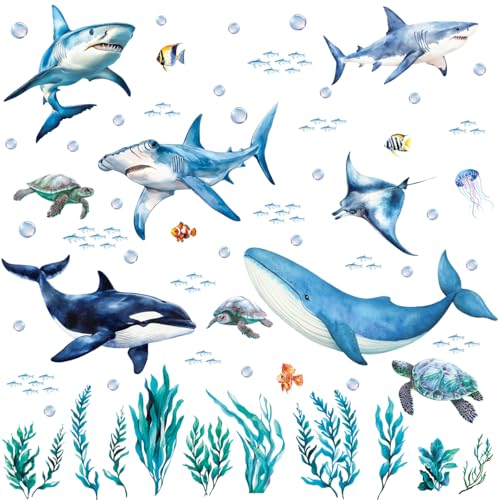 SHUCHING Removable Shark Wall Decals Peel and Stick, Vinyl Ocean Wall Sticker, Under The Sea Wall Decor Art for Nursery Playroom