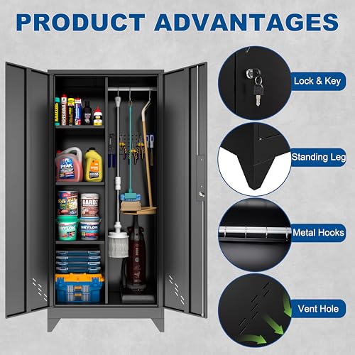 CBNTKI 61" Black Lockable Metal Garage Storage Cabinet with Pegboard & Hanging Rod