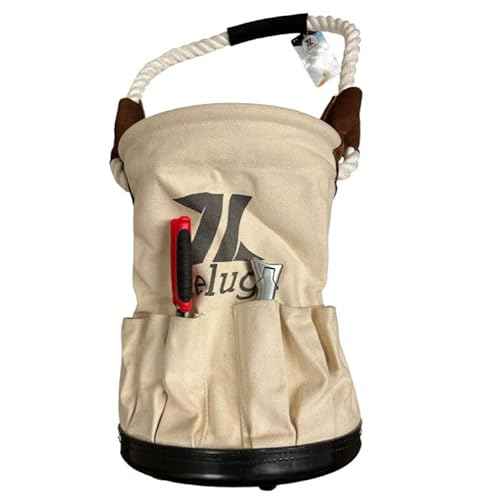 20-385 28 oz. Utility Canvas Bucket with Heavy Duty Plastic Bottom, Collapsible Canvas Bucket, 12 Outside Pockets Organizers Bolt Bucket, White