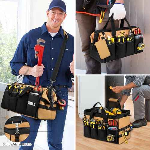 Tool Bag,16-Inch Heavy Duty Tool Bags for Men,27 Pockets Tool Box Organizer Storage,Wide Mouth Toolbag Tools Tote Carrying Case for Dad,Mechanic,Electrician,Black+Brown,Bag Only