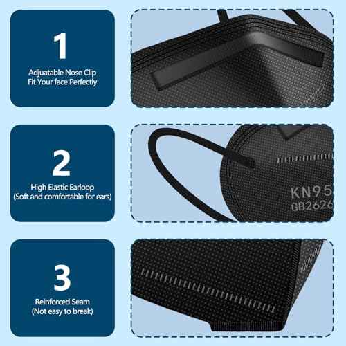50PCS KN95 Face Masks Black 5 Layer Cup Dust Safety Filter Efficiency¡Ã95% with Elastic Ear Loops and Nose Bridge Clip Breathable Mask