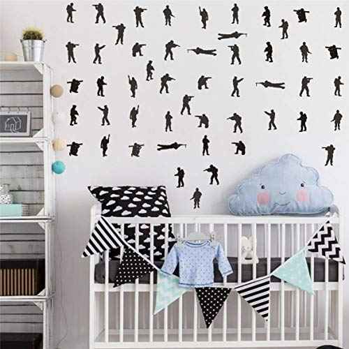 48PCS Military Wall Stickers for Boys Bedroom, Army Soldier Decals with Seals, Infantry, Snipers, Stormtroopers, Artillery Figures, Vinyl Removable Wall Art for Kids Room Decor AM158 (Black)
