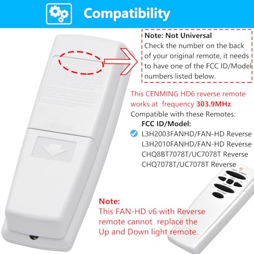 CENMING Replacement Remote for Hampton Bay Hunter UC7078T FAN-HD with Reverse (303.9MHz) – 3-Speed Wall Mount