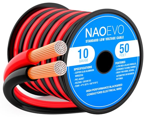 NAOEVO 10 Gauge 2 Conductors Electrical Wire 50ft Red & Black CCA