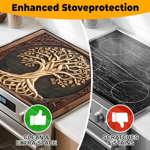 Tree of Life 28x20 Inch Stove Top Cover - BVBOX Non-Slip Silicone Protector, 2 in 1 Kitchen Mat for Stovetop & Countertop