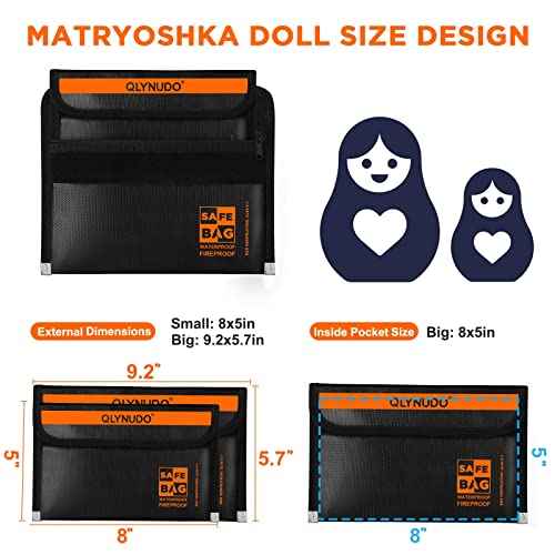 Portable Fireproof Money Envelopes for Cash and Document (8x5", Inside/External Size), 2-Pack Fireproof Money Bag with Waterproof Zipper, Large and Small Pouch Set, 3-Layers of Fireproof Material