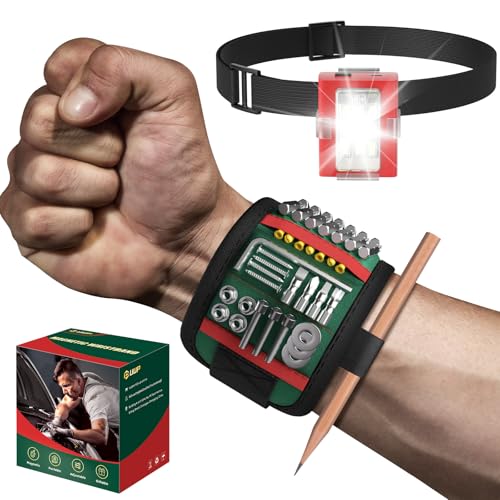 Magnetic Wristband, Tool Belt Wrist Band with LED Light, 15 Powerful Magnet, Adjustable Wrist Screws Holder, Stocking Stuffers for Men, Birthday Gifts for Dad, Him, Mechanics, Woodworker, Handyman
