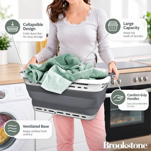 XL 24" Brookstone Collapsible Laundry Hamper with Non-Slip Handles, Grey
