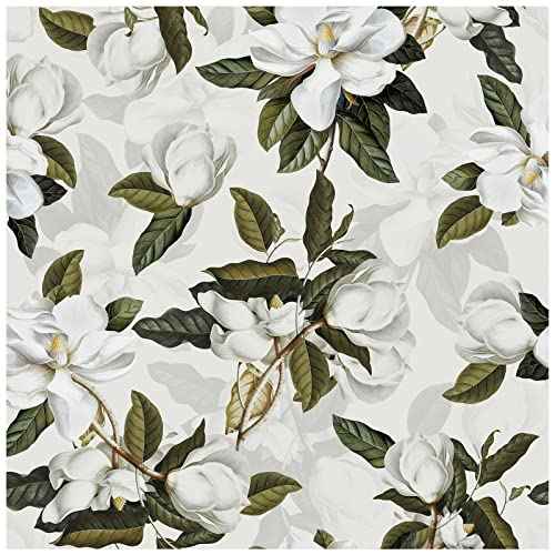 HAOKHOME Peel and Stick Gardenia Floral Wallpaper Removable Off White/Grey/Green Vinyl Self Adhesive Mural 17.7in x 9.8ft
