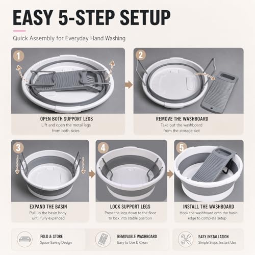 VEMJO Gray White 20x20 Inch Collapsible Laundry Basin with Detachable Washboard, 8 Gallon Capacity for Hand Washing, Camping & Small Spaces