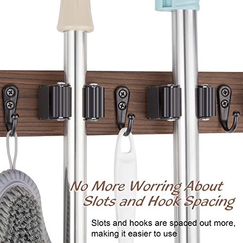 OUTNILI Rustic Wood Wall-Mounted Broom and Mop Holder with 4 Slots & Hooks - Brown / 4 Grips - 1 Pack