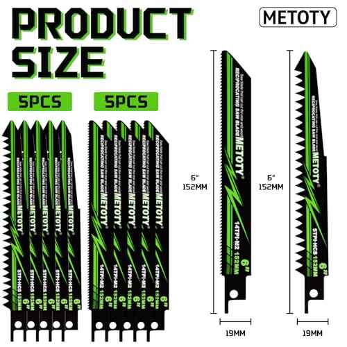 6 inch Reciprocating Saw Blade Set for Metal Wood Iron, Reciprocating Saw Blade Set - 5 TPI & 14 TPI, 10 Pieces with Organizer Case, Durable HCS for Tree Branches