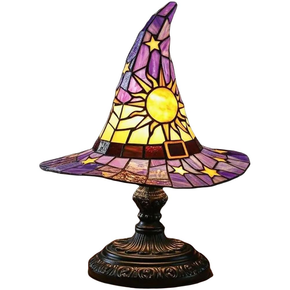 HatLeb Witch Hat Lamps, Handcrafted Stained Glass Resin Wizard Hat Light Gothic Table Lamp for Halloween Decor, Spooky Night Light for Bedroom and Indoor Parties, Unique Wiccan Gift
