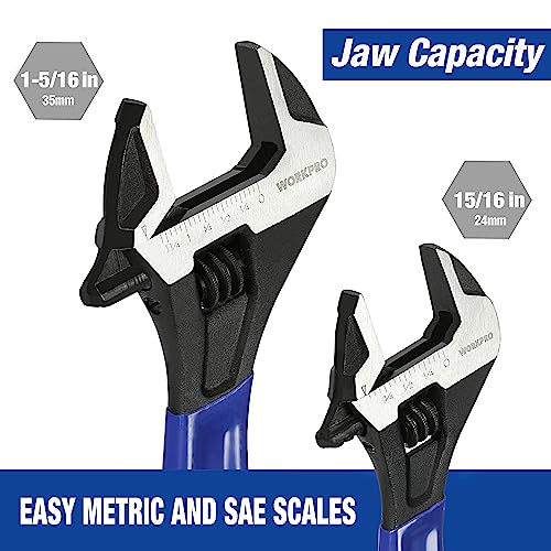 WORKPRO Blue 2-Piece Adjustable Wrench Set 6-Inch & 10-Inch, Dual-Scale, Drop-Forged Steel