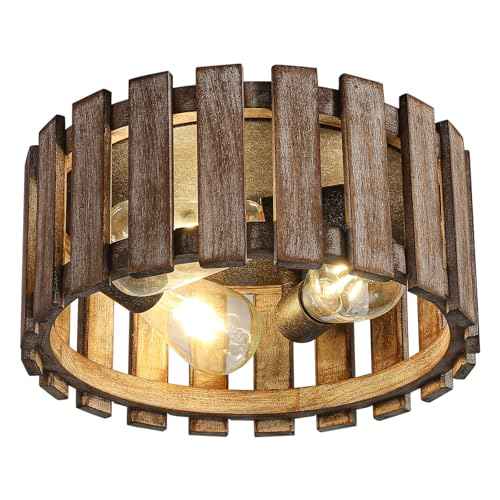 Farmhouse Flush Mount Ceiling Light, 12.2 Inch 3-Light Metal and Wood Close to Ceiling Light Fixture, Rustic Ceiling Light for Kitchen, Dining Room, Living Room, Hallway