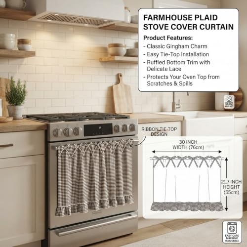 Bekecidi Farmhouse Oven Skirt - Black & White Gingham Plaid with Lace Trim & Ribbon Ties