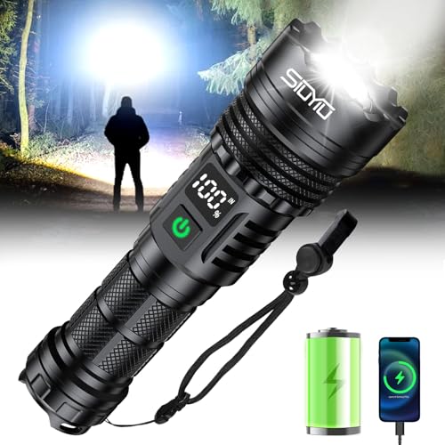 Flashlights High Lumens, Tactical Flashlight Super Bright, USB-C Rechargeable with Battery Display, 5 Modes & Adjustable Focus, Camping Emergency Light for Outdoor Home Security