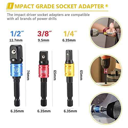 Impact Grade Driver Sockets Adapter Extension Set, 3Pcs 1/4 3/8 1/2" Hex Shank Drill Nut Driver Bit Set and 105 Degree Right Angle Driver Extension Screwdriver Drill Attachment (Black)