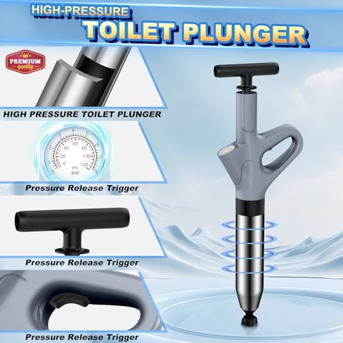 High Pressure Toilet Plunger with Pressure Gauge - Heavy Duty Bathroom Drain Cleaner