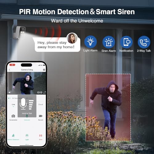 Security Cameras Wireless Outdoor, Pan Rotating 180¡Æ WiFi Cameras with 2K Color Night Vision Battery Powered Spotlight/Siren PIR Motion Detection 2-Way Talk Waterproof Cloud/SD Storage Cameras