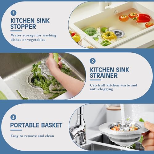 TGOSOMT Brushed SUS 304 Kitchen Sink Drain Stopper & Strainer 3-in-1, 1 Pack