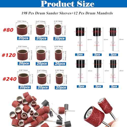 Tnisesm Aluminum Oxide Sanding Drum Set,Including 198 Pieces 80 120 240Grit Drum Sander Sanding Sleeves and 12 Pieces Drum Mandrels for Dremel Rotary Tool,Sanding Drums with Box