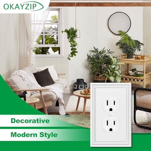 OKAYZIP White Decorative Outlet Covers Wall Plates - 4 Pack, Duplex Version