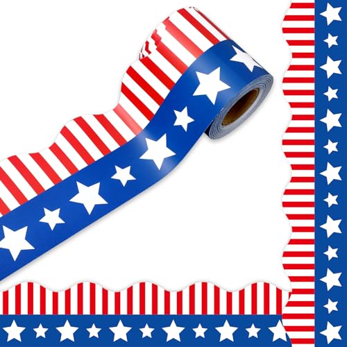 32.8Ft Patriotic Bulletin Board Border Red Blue American Flag 4th of July Star Stripe Die Cut Trim Border Roll for Independence Memorial Day Classroom Back to School Chalkboard Wall Decor
