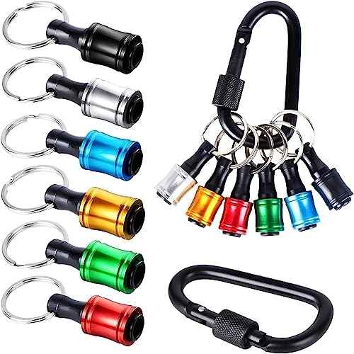 Bit Holder Key Chain 6pcs - 1/4 inch Hex Shank Bit Holders - Quick Release Design with Keychain Carabiner for Nut Driver, Screwdriver & Drill Bits, Aluminum Alloy, Color Coded - Gift for Men