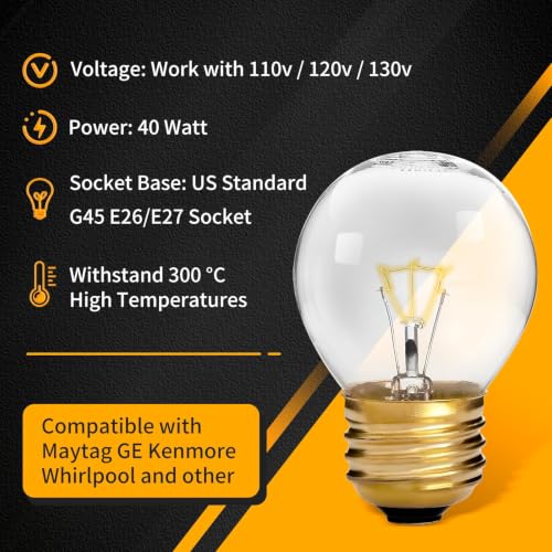 UP2WIN 40W G45 E26/E27 Appliance Bulbs – 4 Pack, 110-130V High Temp for Maytag GE Kenmore Whirlpool Ovens, Stoves, Range Hoods & Microwaves