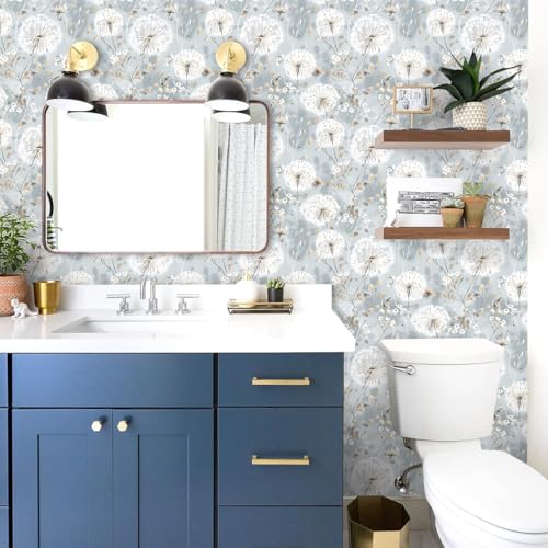 Nukofal Dandelion Floral Peel and Stick Wallpaper 16.9"x118" - Blue & White Contact Paper, Removable, Waterproof, Easy Install