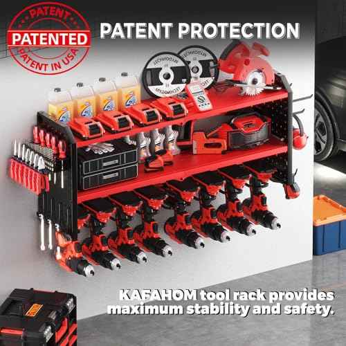 KAFAHOM Power Tool Organizer, Large 8 Drill Holder Wall Mount with 2 Side Pegboards, Heavy Duty Metal Tool Shelf with 12 Hooks, Storage Rack for Garage Organization, Utility Battery Shelves - Red