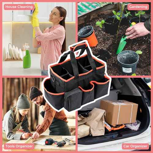 ProCase Cleaning Caddy Bag for Housekeepers, Foldable Cleaning Supply Bag with 5 Compartments, Wearable Detailing Organizer Tote with Handles and Shoulder Strap -Orange