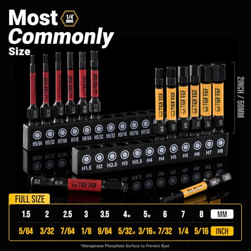 TGFTGF 24-Piece Impact Hex Allen Wrench Drill Bit Set, 2-Inch, Metric & SAE, S2 Steel, Magnetic, Color-Coded, Automotive & Home Use