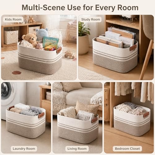 ordnestidy White Brown Cotton Rope Laundry Basket 15.4GAL, Collapsible Rectangular Hamper