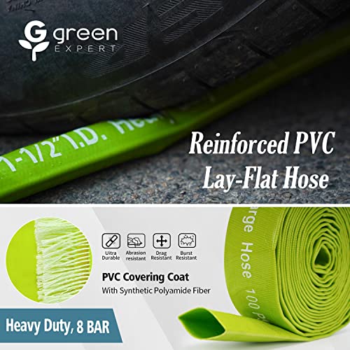 Green Expert 1.5 Inch ID PVC Lay-Flat Discharge Hose 25ft for Water Removal with Steel Clamp Kit