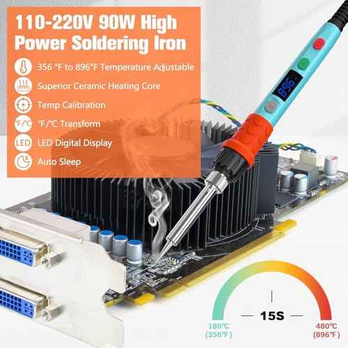 Soldering Iron Kit, 90W LED Digital Soldering Gun kit with Ceramic Heater, 110V Adjustable Temperature Solder Welding Iron Kits, Auto-sleep, Thermostatic Design, Blue