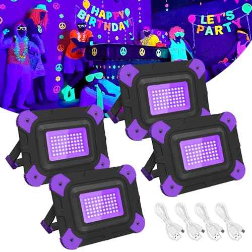 T-SUN Rechargeable Black Lights, Battery Powered Black Lights for Fishing Portable Blacklights for Glow Party Body Paint Fluorescent Poster Neon Party 4 Packs