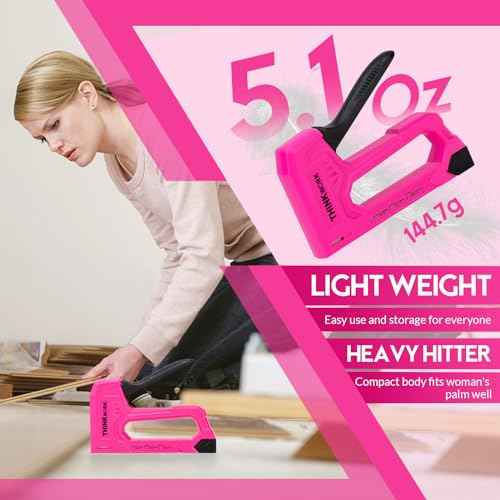 THINKWORK Light Duty Staple Gun, Pink Upholstery Staple Gun for Wood with 1600pcs JT21 Staples 1/4", 5/16", 3/8" and Staple Remover, Women Fabric Stapler Gun for Crafts, Wall, Arts, DIY, Decoration