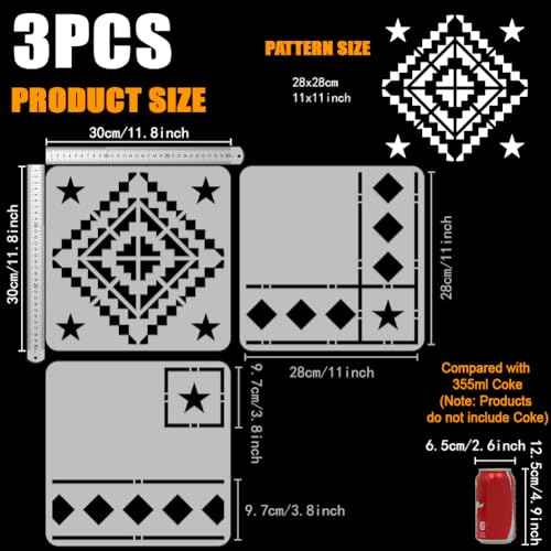 FINGERINSPIRE 3 Pcs Floor Tile Stencil 11.8x11.8inch Reusable Star Mosaic Tiles Painting Template Border & Corners Stencil Concrete DIY Stencils for Patio, Floor Tile, Wall. Home Decoration