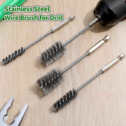 4 Pcs Stainless Steel Bore Brush Set Drill Wire Brush Small Wire Brushes with Hex Shank Handle for Drill Ports Tubes Bearings Cleaning Parts 3/8'' 1/2'' 3/4'' 7/8''