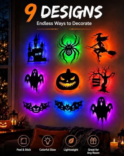 XWLYCNO 30pcs Halloween LED Wall Decor Lights 3D Bat Silhouette Set