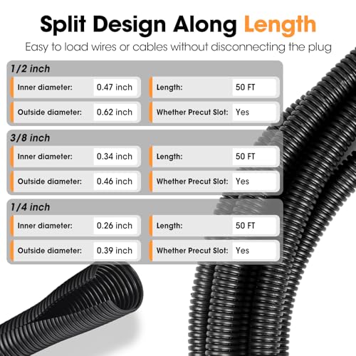 Flexible Split Wire Loom Tubing 1/4, 3/8, 1/2 Inch x 50 FT - Black Cable Management