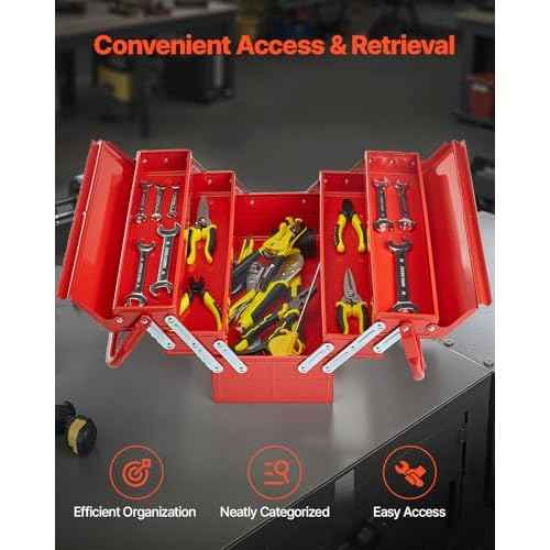 VEVOR Metal Tool Box, 18-inch, 3-Tier 5-Tray Portable Folding Tool Chest Organizer with Handle & Lock Hole, Powder Coated Steel, Cantilever Toolbox for Household Factory Warehouse Repair Shop, Red